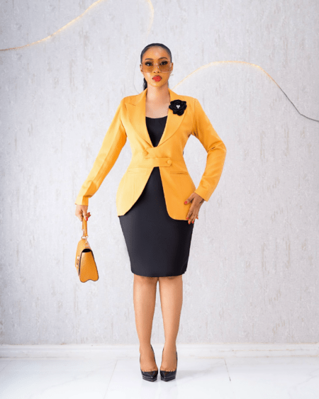 BLACK DRESS AND MUSTARD BLAZER SET